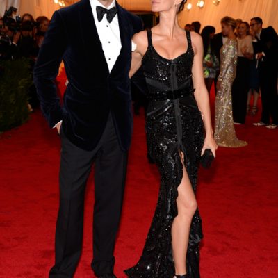 Gisele Bundchen in Givenchy Haute Couture by Riccardo Tisci with husband Tom Brady at "Schiaparelli And Prada: Impossible Conversations" Costume Institute Gala