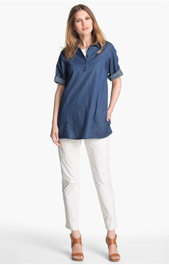 A cute denim tunic like this Lafayette 148 New York 'Deluxe Stretch' Denim one, looks great with speakers at the playground or a sleek wedge for dinner with hubby.