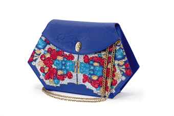 BLUE SATIN HEXAGONAL BAG LABELED 'CARTIER'