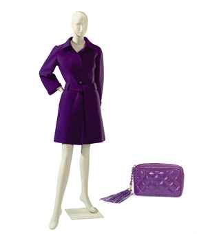 PURPLE WOOL FELT COAT AND A VIOLET LIZARD SKIN CLUTCH BAG THE COAT UNLABELED, THE BAG LABELED 'CHANEL' AND CIRCA 1980S