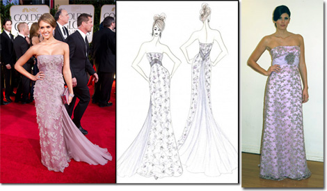 Jessica Alba in Gucci on the red carpet and the Faviana inspired gown from sketch to pattern room