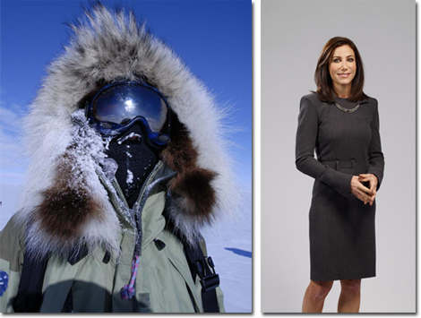Alison Levine in her Polar look and in a Jean Paul Gaultier business chic dress.