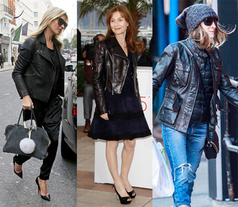 Kate Moss, Isabelle Hupert, Sarah Jessica Parker in black leather jackets