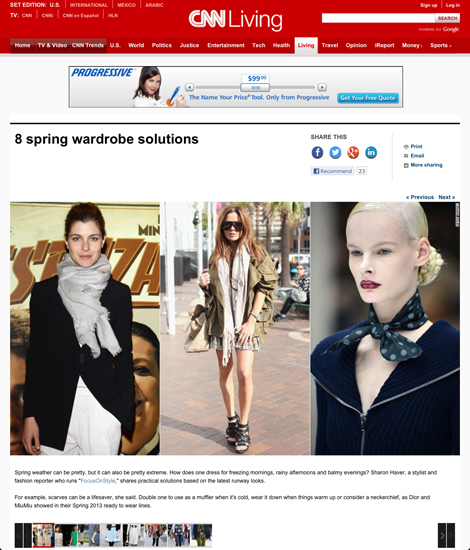 Spring weather can be pretty, but it can also be pretty extreme. How does one dress for freezing mornings, rainy afternoons and balmy evenings? Sharon Haver, a stylist and fashion reporter who runs "FocusOnStyle," shares practical solutions based on the latest runway looks. For example, scarves can be a lifesaver, she said. Double one to use as a muffler when it's cold, wear it down when things warm up or consider a neckerchief, as Dior and MiuMiu showed in their Spring 2013 ready to wear lines.