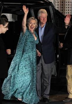 The Today Show reports, Former U.S. President Bill Clinton and his wife, U.S. Secretary of State Hillary Clinton, wave as they arrive for an after-party for their daughter Chelsea Clinton's pre-wedding dinner in Rhinebeck, New York.