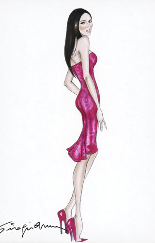 Mr. Armani's sketch of the Emporio Armani dress now in stores that is inspired by the strapless fuchsia Giorgio Armani Prive dress Megan Fox wore to the Moscow premiere of 