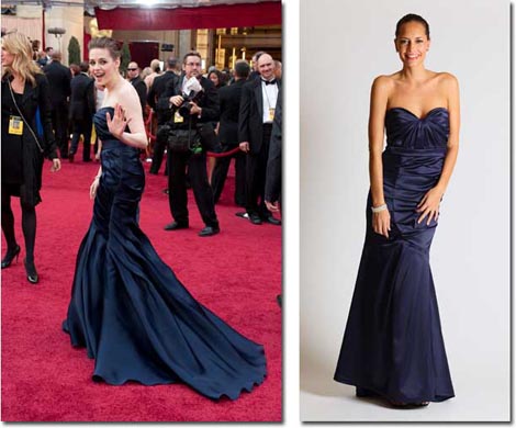 Kristen Stewart in her original red carpet gown and the Faviana celebrity-inspired version