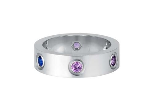 The latest version of the iconic Cartier Love ring in white gold, blue and pink sapphires, purple spinels, amethysts, aquamarines.