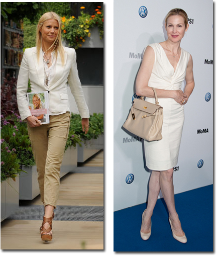 Two ways to wear white: Gwyneth Paltrow mixes tan pants  and  tobacco colored platforms & Kelly Rutherford adds a a classic beige Kelly bag and nude pumps to her white sheath.
