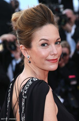 Diane Lane choses a flattering softer coralish red shade of lipstick to brighten her face