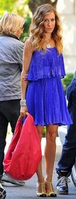 Halston Heritage Stripe Lurex Pleated Cocktail Dress in Electric Blue - as seen on Sarah Jessica Parker in "Sex and the City 2"