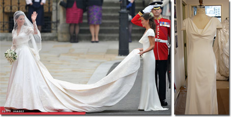 Sister of the bride and Maid of Honour Pippa Middleton holding the bride-to-be's train and the Faviana rendition of her gown.