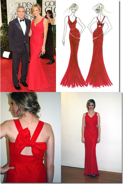 Stacey Keibler in Valentino with George Clooney on the carpet, and the Faviana inspiration from front and break